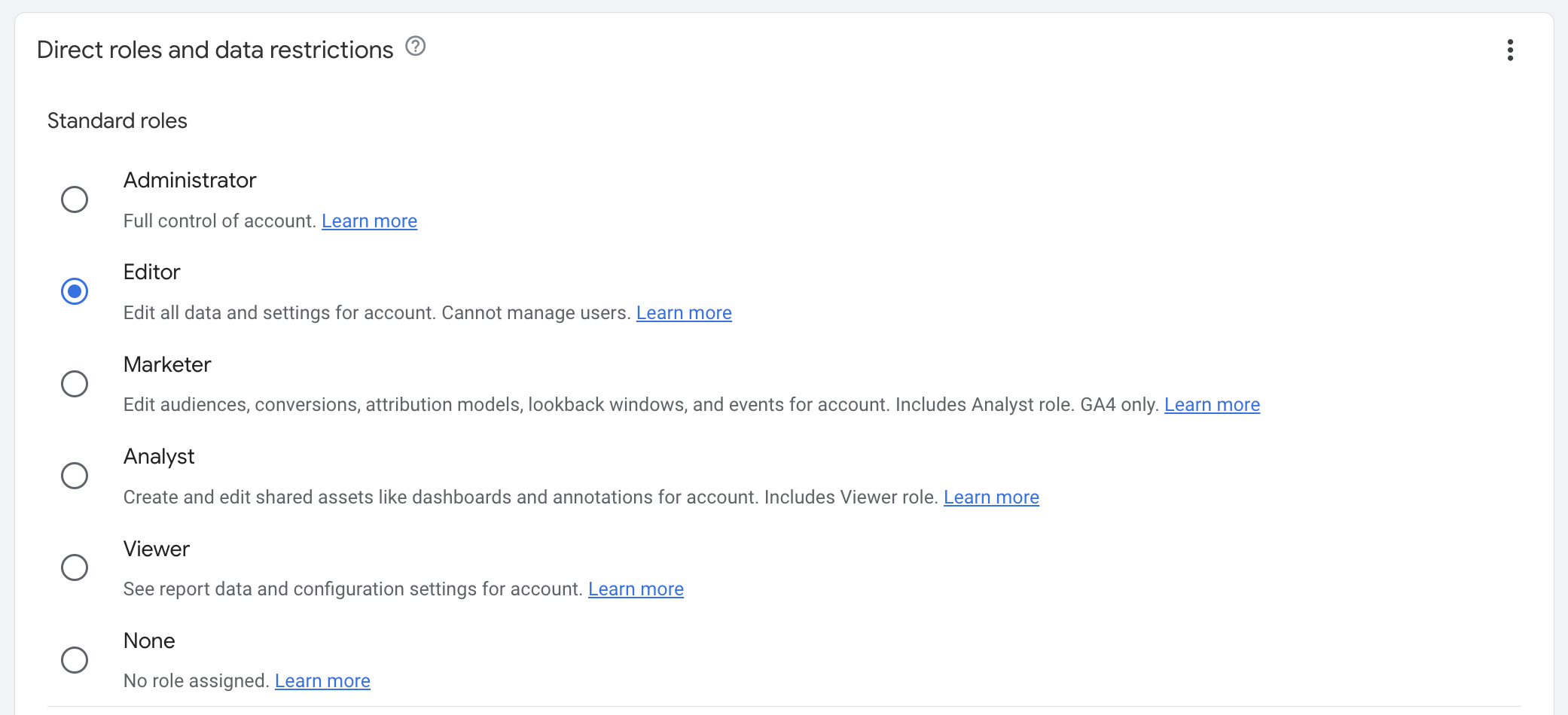 La lista de roles de GA4 — Administrator, Editor, Marketer, Analyst, Viewer, None — con Editor seleccionado.
