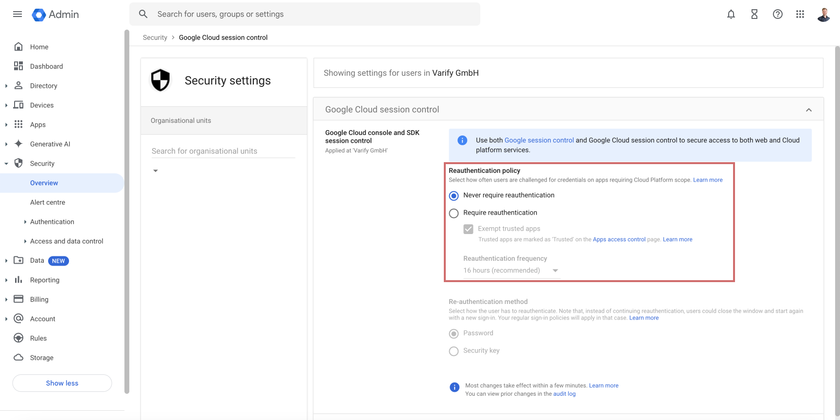 Google Admin in «Controllo sessione Google Cloud» con la policy di ri-autenticazione evidenziata impostata su «Non richiedere mai la ri-autenticazione»