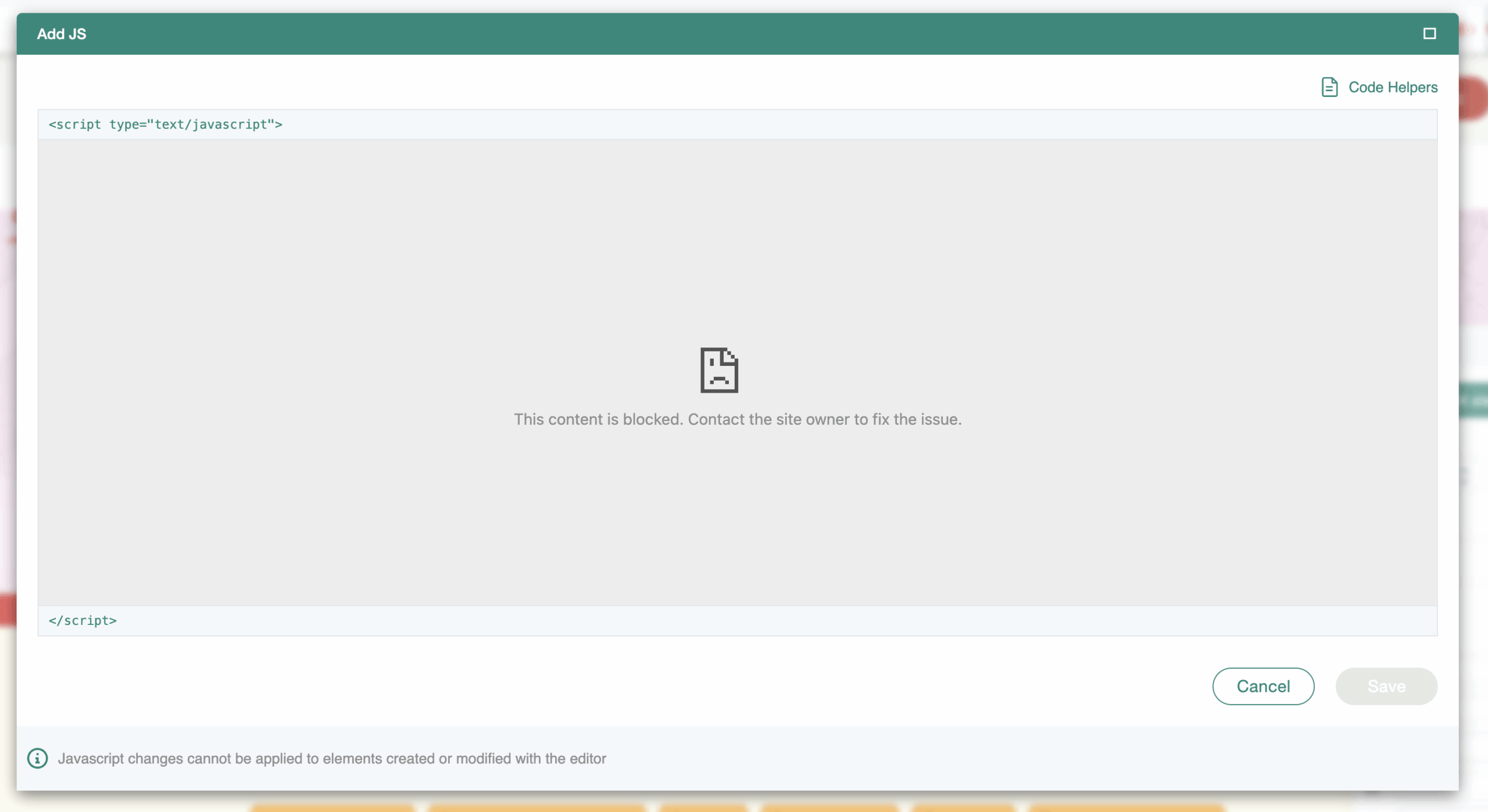 Finestra di dialogo di Varify «Add JS» il cui campo del codice rimane vuoto e mostra «This content is blocked. Contact the site owner to fix the issue.»