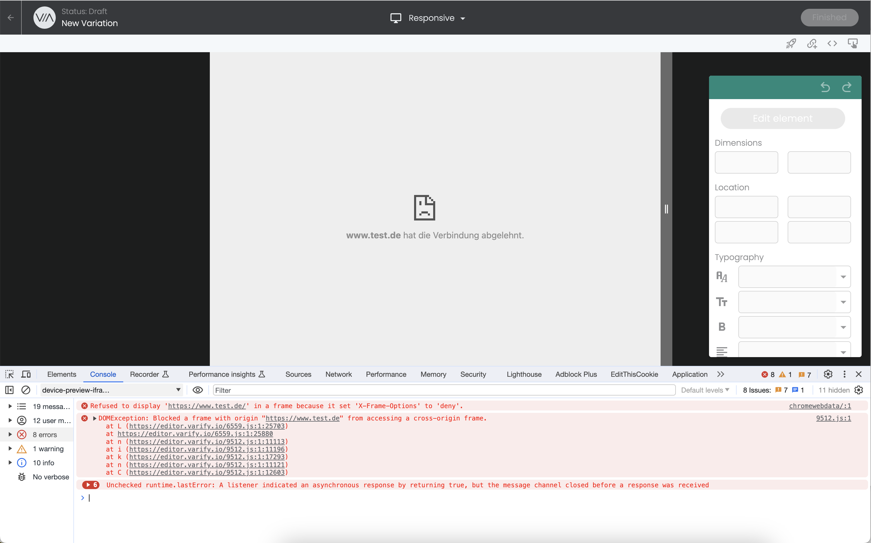 Editor di Varify in modalità responsive che mostra una connessione rifiutata; la console segnala che il frame è stato rifiutato a causa di «X-Frame-Options: deny»