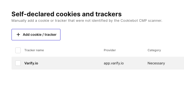 Cookiebot-Ansicht „Self-declared cookies and trackers“ mit dem Eintrag Varify.io, Provider app.varify.io, Kategorie „Necessary“