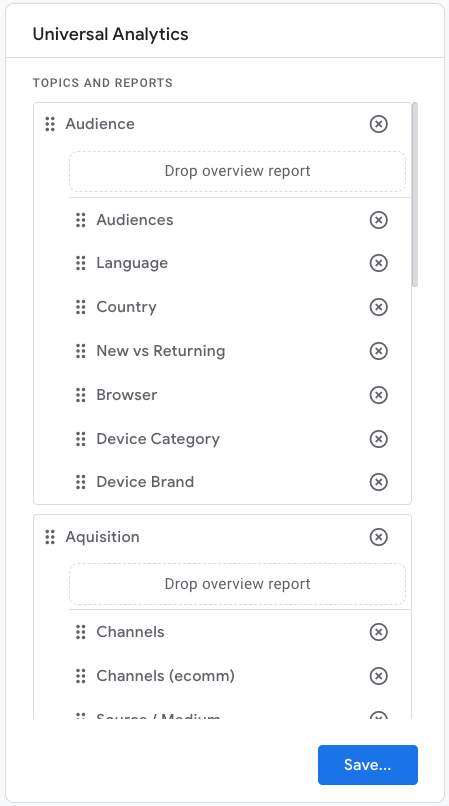 The new collection „Universal Analytics“ with its topics Audience and Aquisition and the reports underneath.