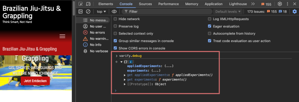 Browser console with „varify.debug“ entered; the returned object holds „appliedExperiments“ and „experiments“
