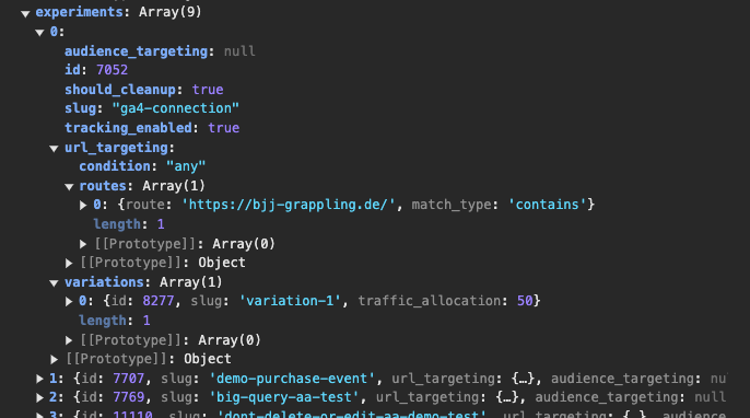 Expanded „experiments“: for each experiment the ID, slug, tracking flag, URL targeting and the variations with their traffic allocation