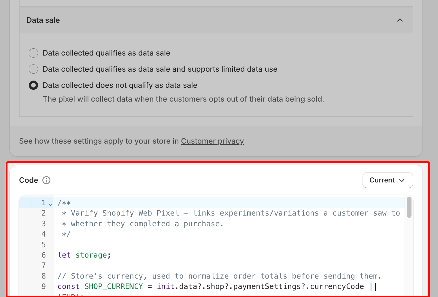 Shopify custom pixel „Varify Realtime Tracking“: the „Code“ field, outlined in red, with the start of the Varify Shopify Web Pixel script