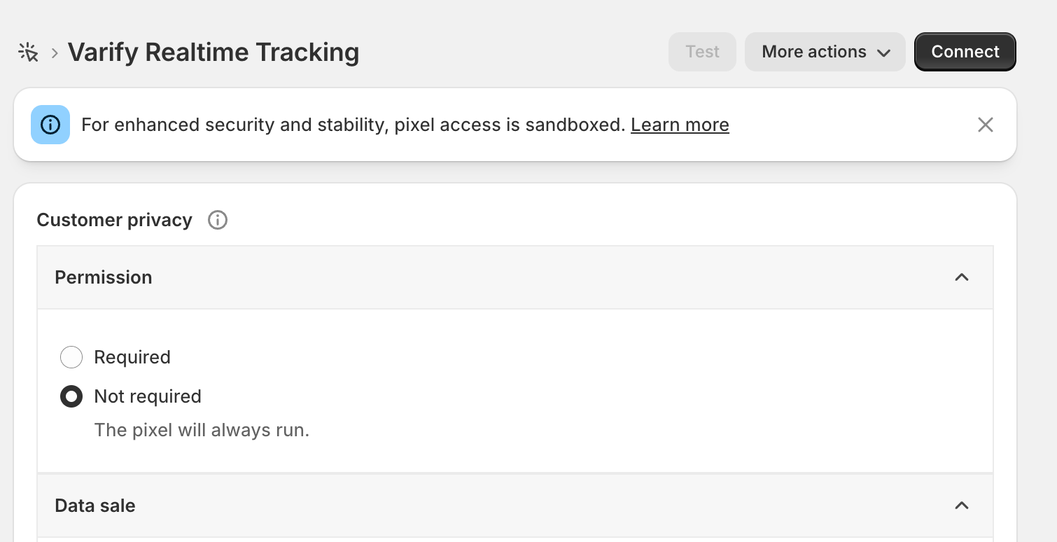 Shopify custom pixel „Varify Realtime Tracking“ with Customer privacy set to „Not required“ and the „Connect“ button at the top right