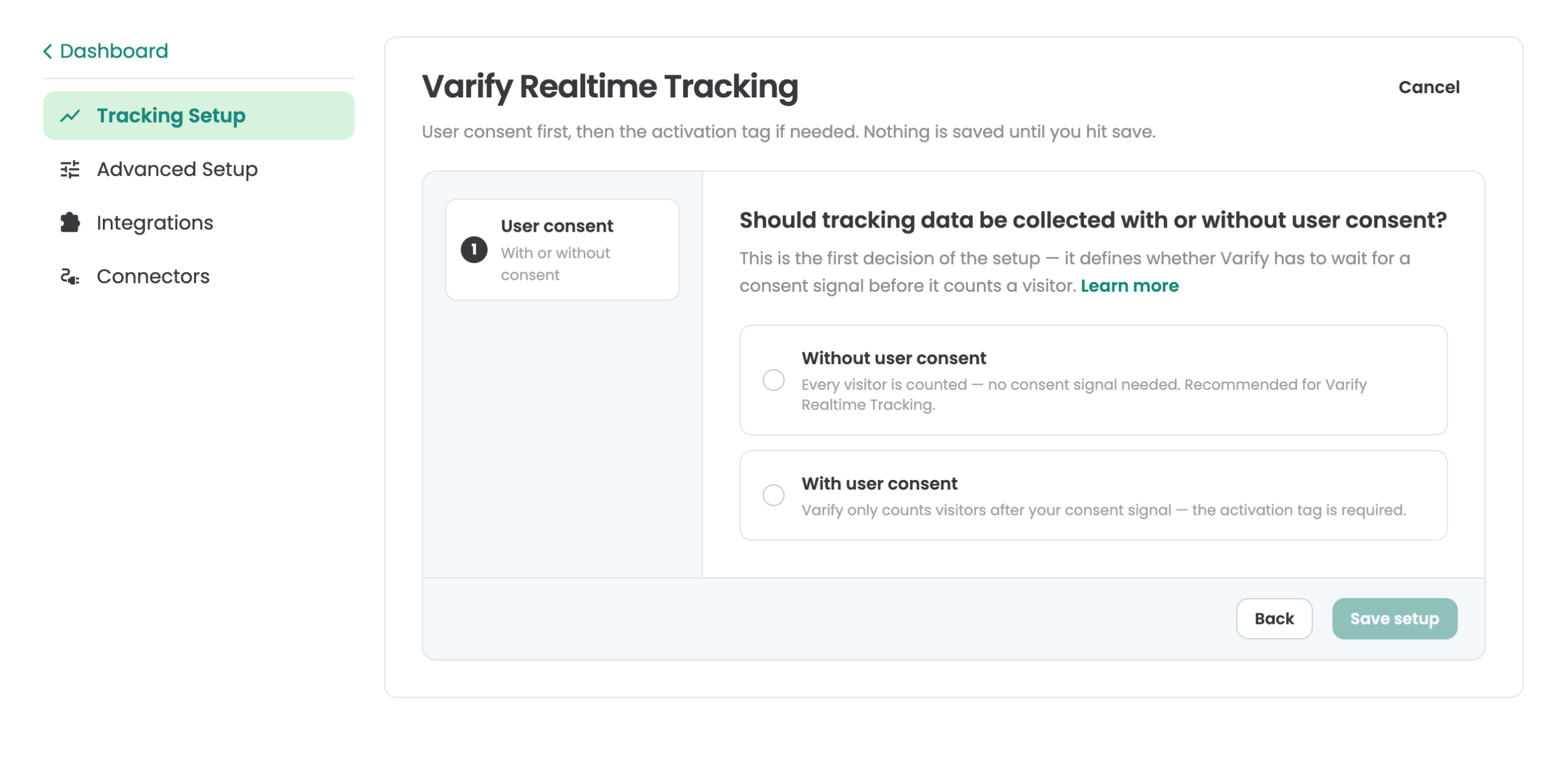 Varify Tracking Setup for „Varify Realtime Tracking“, step „User consent“: choose between „Without user consent“ and „With user consent“