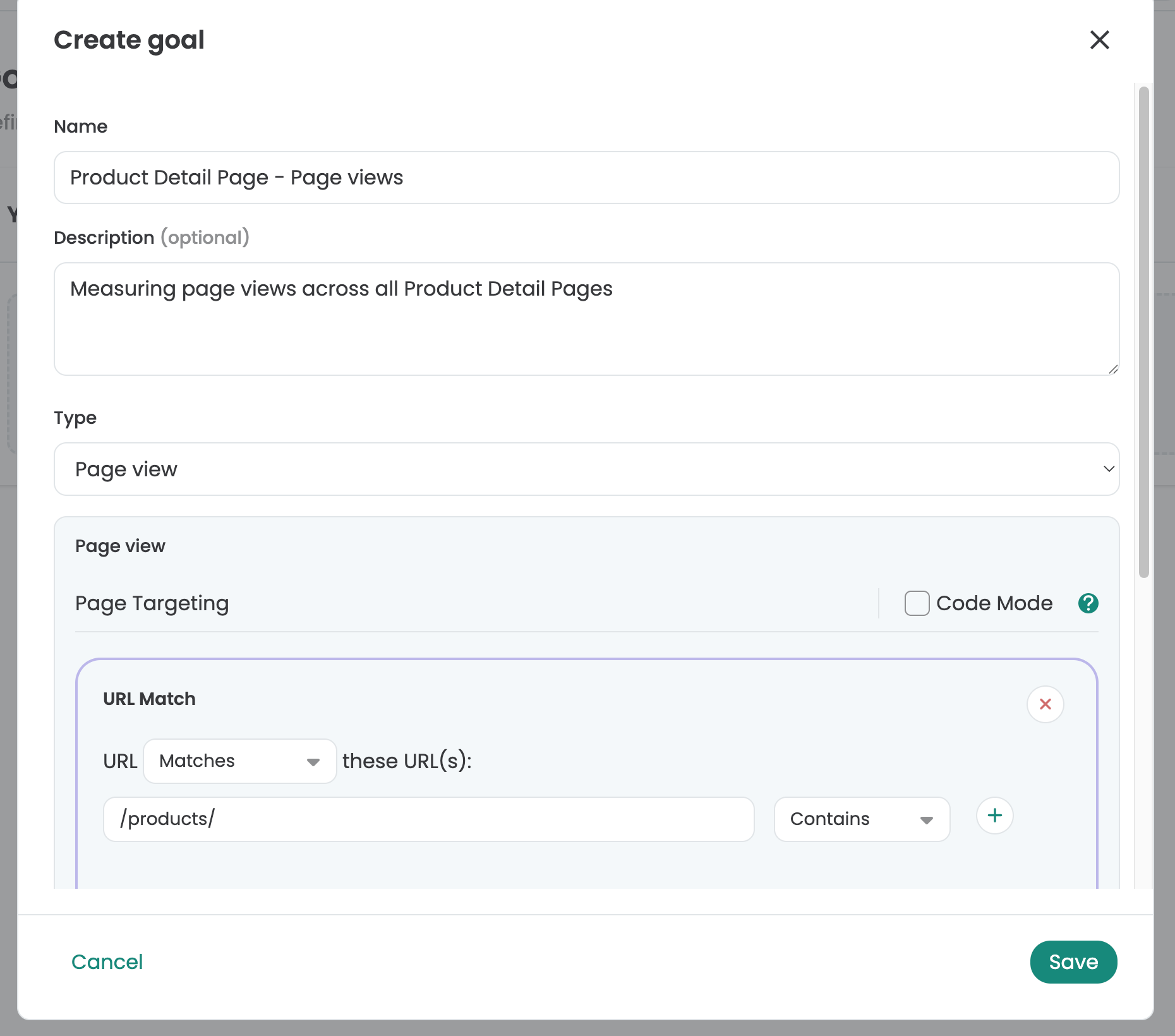 Varify dialog „Create goal“ of type „Page view“: name „Product Detail Page - Page views“ and a URL match that contains „/products/“