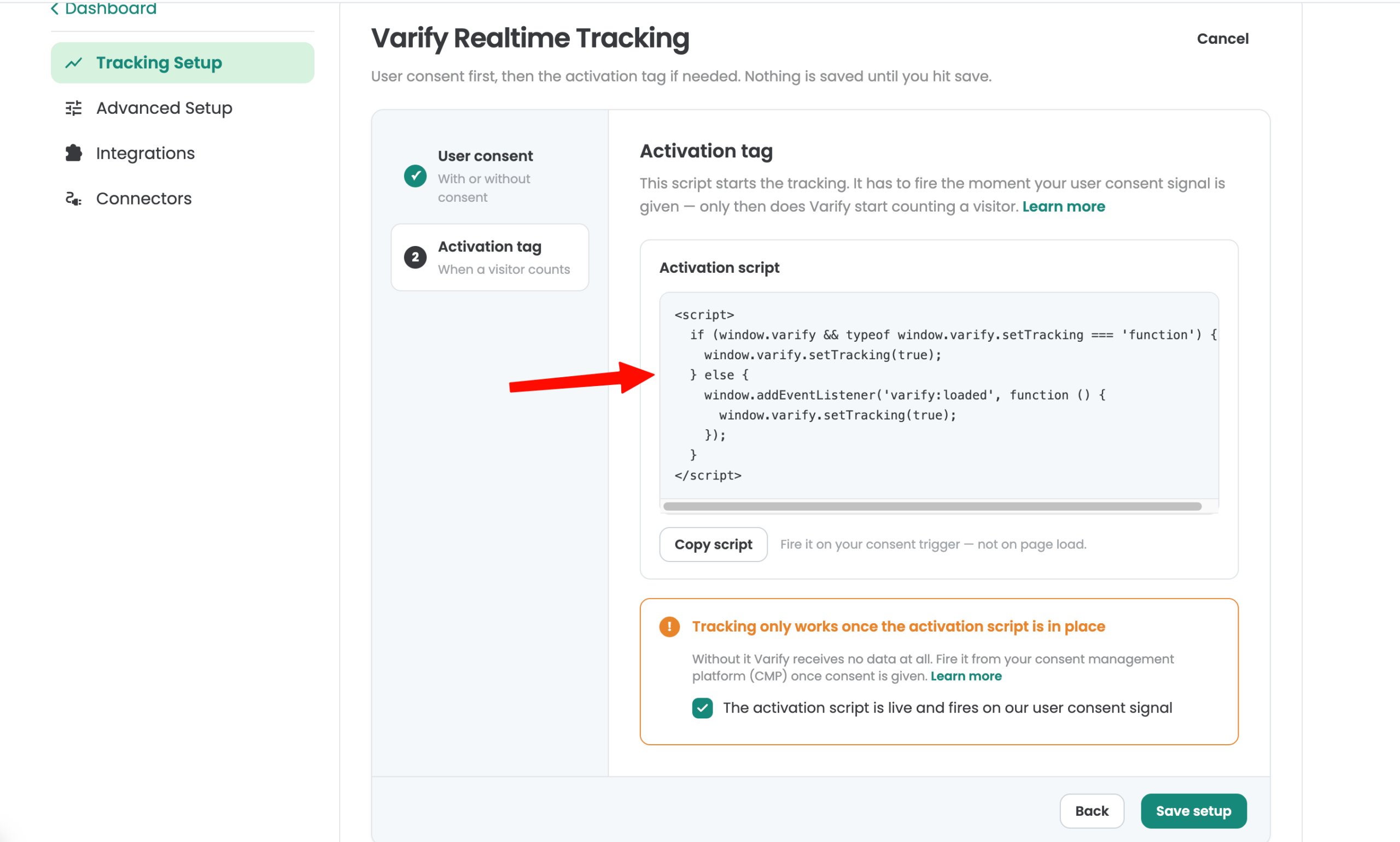 Varify Tracking Setup, step „Activation tag“: an arrow points at the activation script that calls window.varify.setTracking(true)