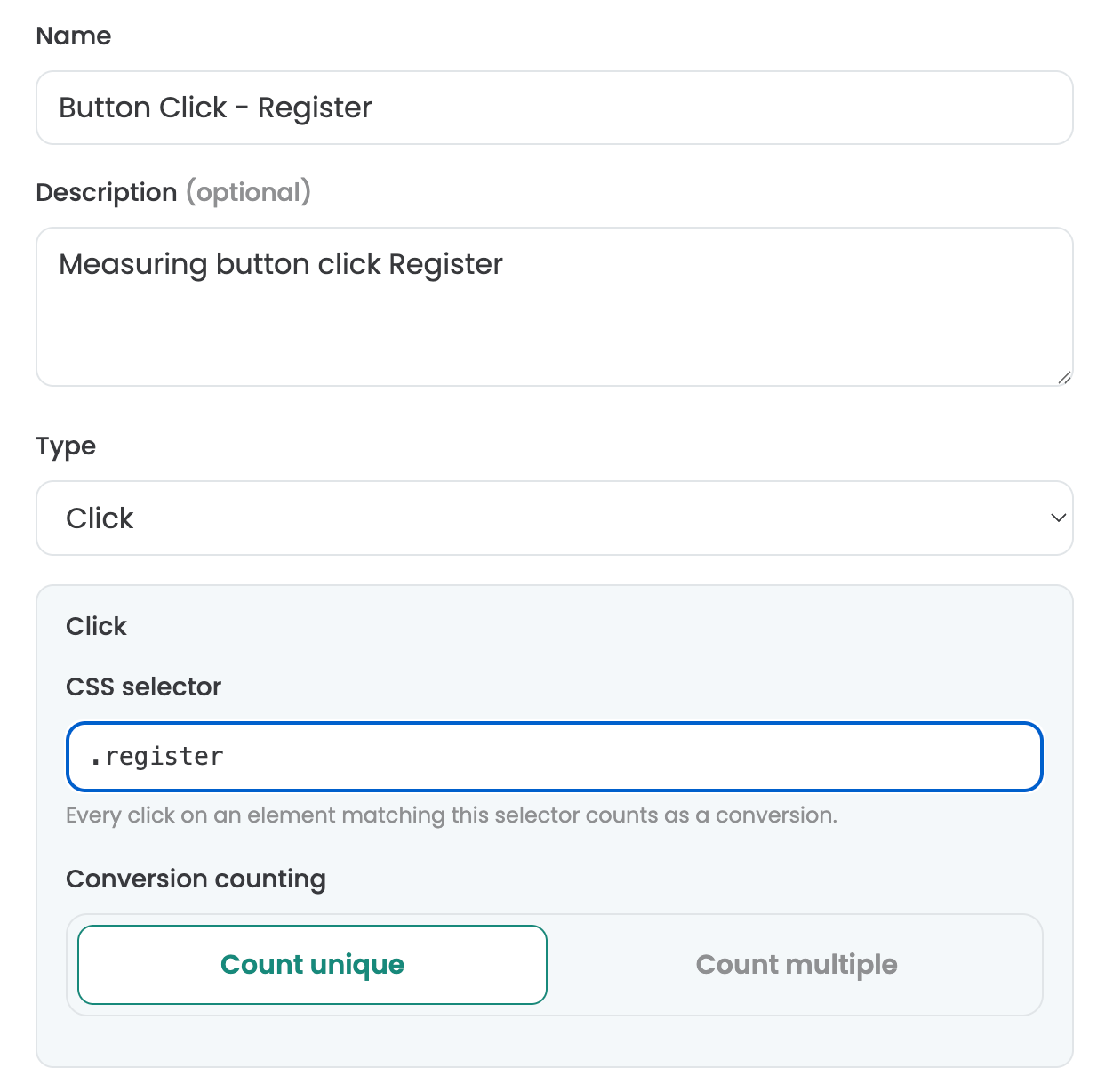 Varify click goal „Button Click - Register“ with the CSS selector „.register“ and the conversion counting options „Count unique“ (selected) and „Count multiple“