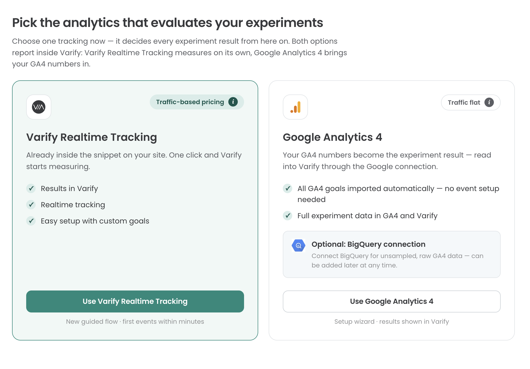 The choice between „Varify Realtime Tracking“ and „Google Analytics 4“ as the analytics that evaluates the experiments, each with its own button.
