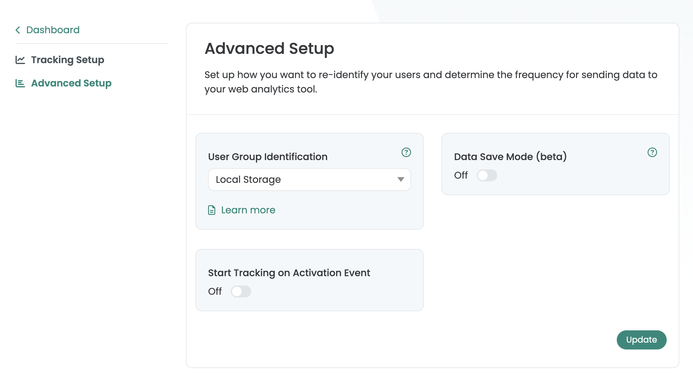 Advanced Setup with „Start Tracking on Activation Event“ switched off and User Group Identification set to Local Storage.