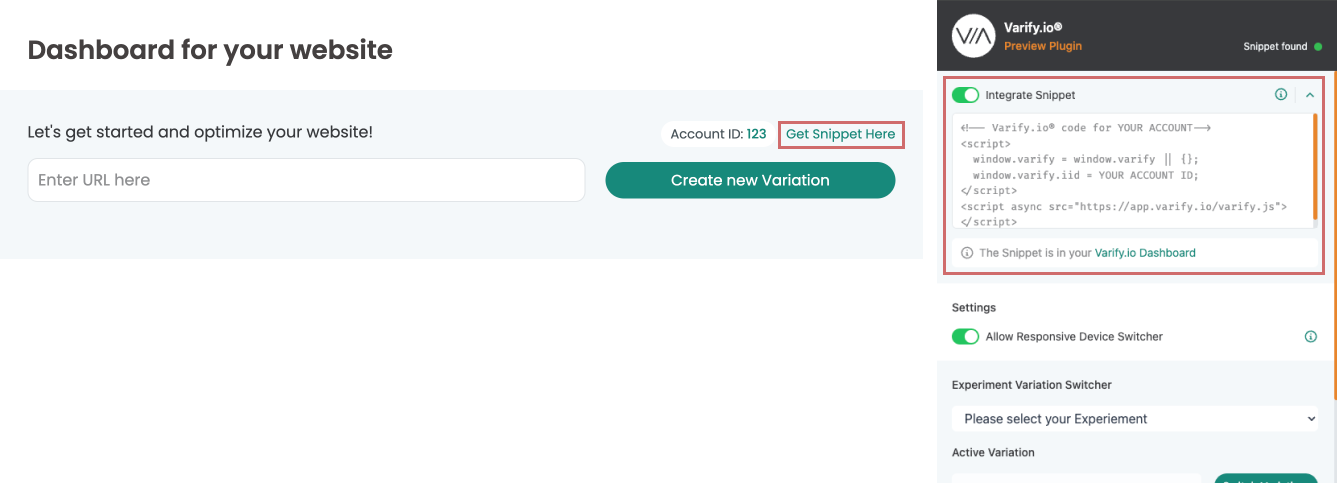 Varify dashboard next to the preview plugin: the link „Get Snippet Here“ and the plugin's snippet field are both highlighted