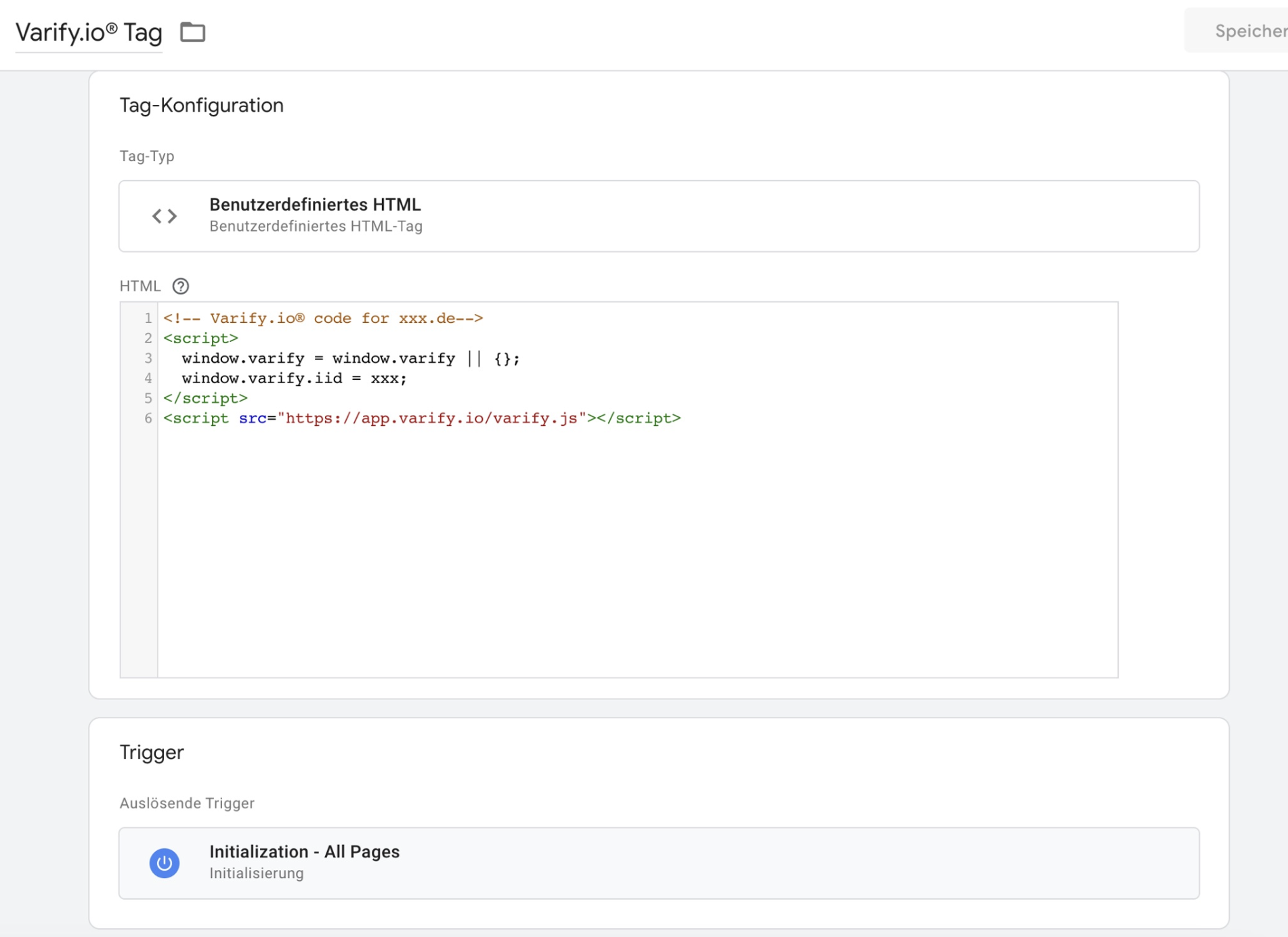 Google Tag Manager tag of type „Custom HTML“ holding the Varify snippet, fired by the trigger „Initialization – All Pages“.