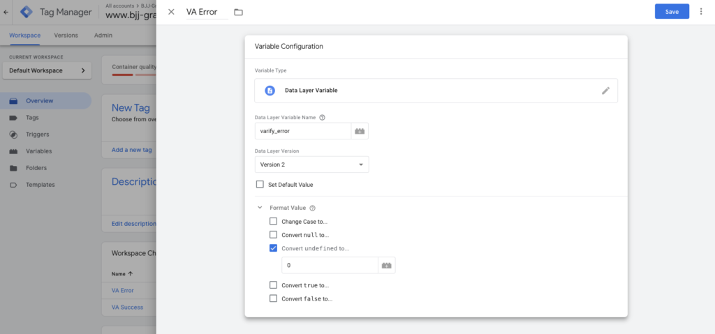 Google Tag Manager variable „VA Error“: data-layer variable „varify_error“, version 2, undefined converted to 0