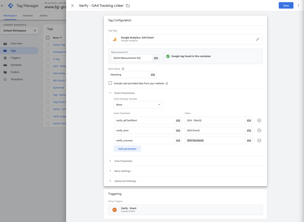 GA4 event tag „Varify - GA4 Tracking Linker“ with the three event parameters varify_abTestShort, varify_error and varify_success, fired by the trigger „Varify - Event“