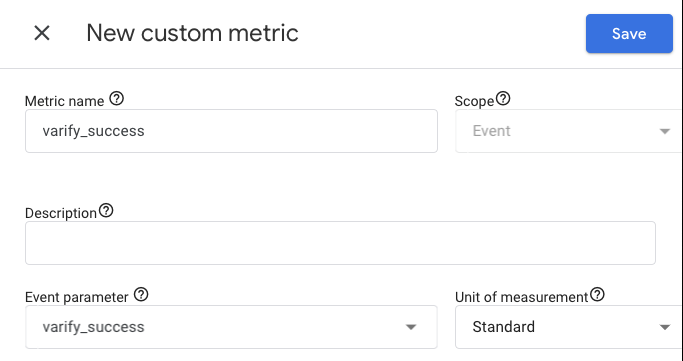 GA4 dialog „New custom metric“ for „varify_success“ with scope „Event“ and the event parameter of the same name