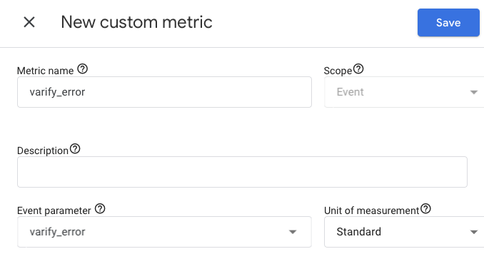 GA4 dialog „New custom metric“ for „varify_error“ with scope „Event“ and the event parameter of the same name