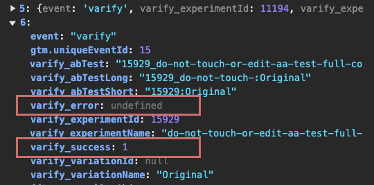 dataLayer push in the browser console with „varify_error: undefined“ and „varify_success: 1“ highlighted