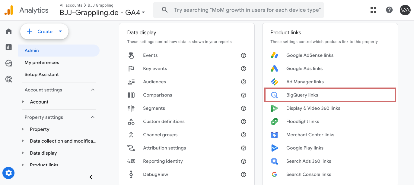 GA4 admin under „Product links“ with the entry „BigQuery links“ highlighted
