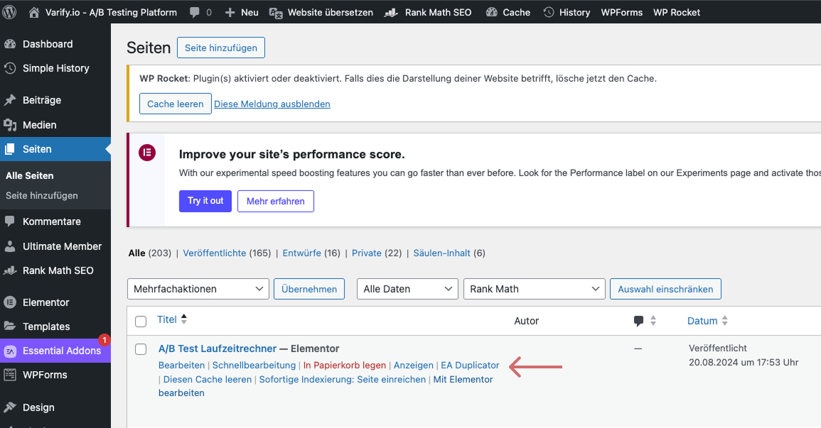 WordPress page list with an arrow pointing at the „EA Duplicator“ link under the page to be copied