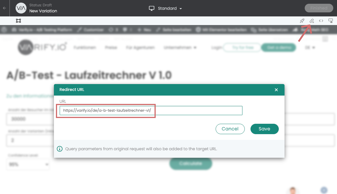 Varify editor dialog „Redirect URL“ with the address of the duplicate entered as the redirect target