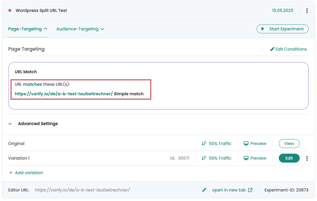 Page targeting of the „Wordpress Split URL Test“: the original URL is matched with „Simple match“