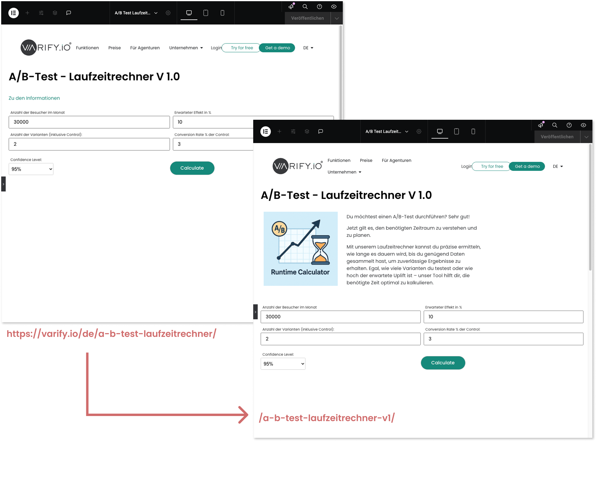 Original page and duplicate side by side; an arrow runs from the original URL to the new „/a-b-test-laufzeitrechner-v1/“