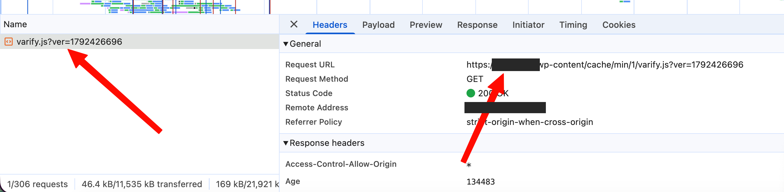 Scheda Network con la request URL di varify.js sul dominio proprio