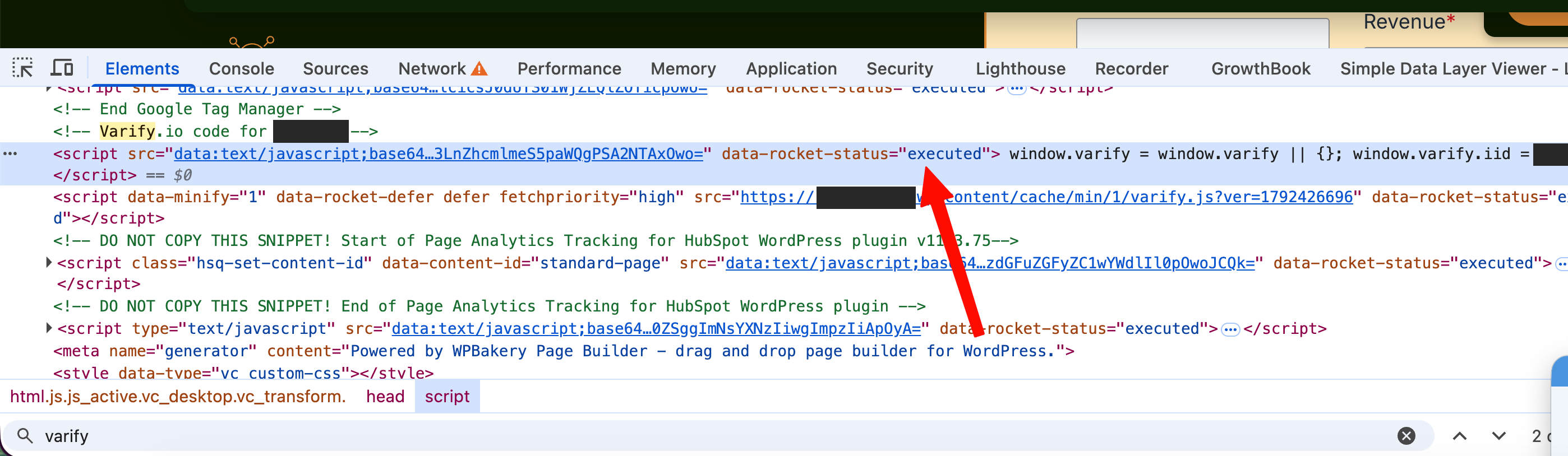 Scheda Elements che mostra lo snippet Varify convertito da WP Rocket