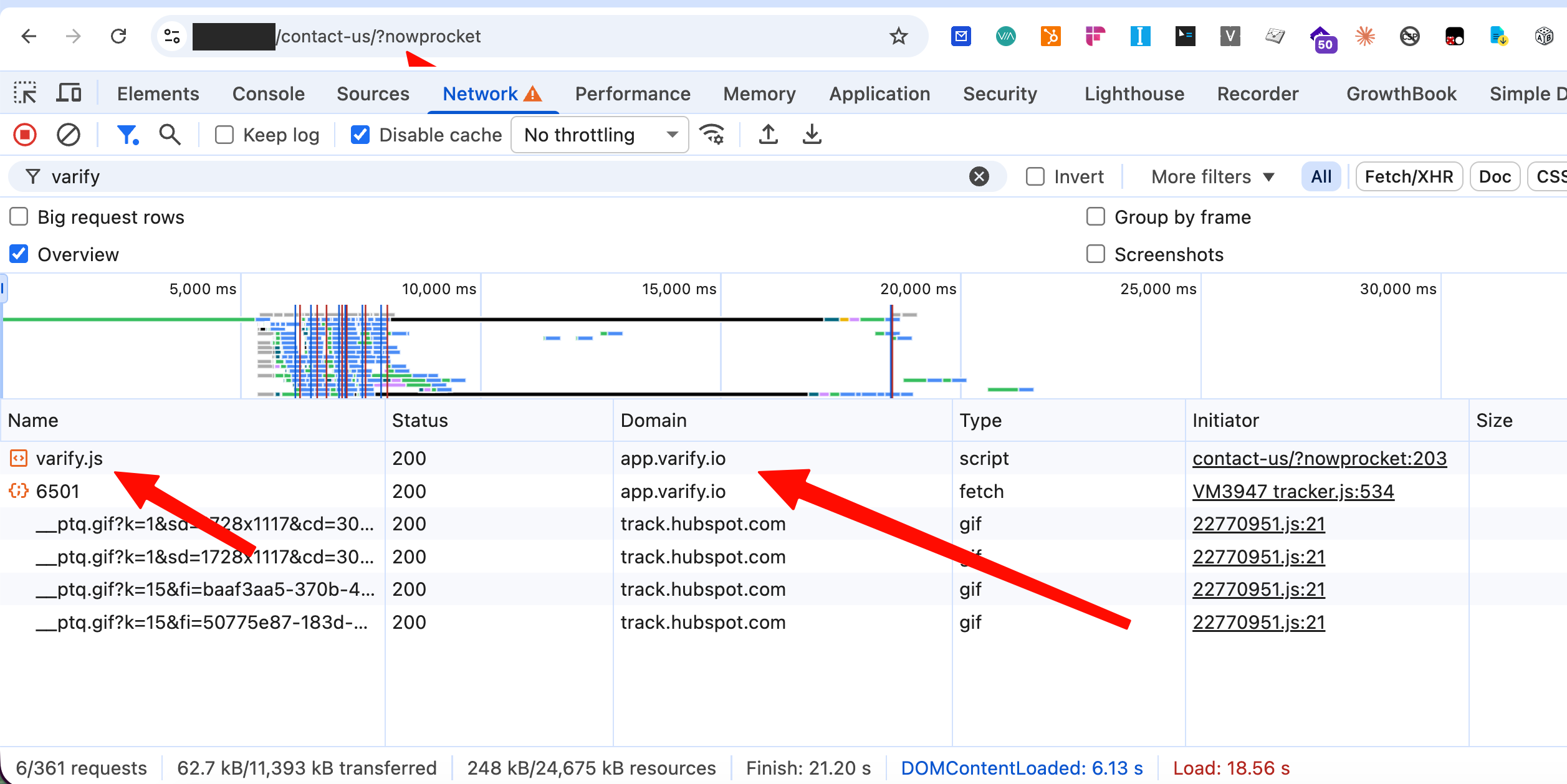 Scheda Network con ?nowprocket nell'indirizzo e varify.js da app.varify.io